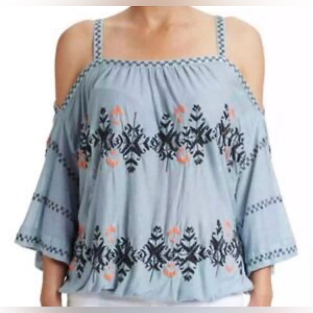 Free People Blue Embroidered Top